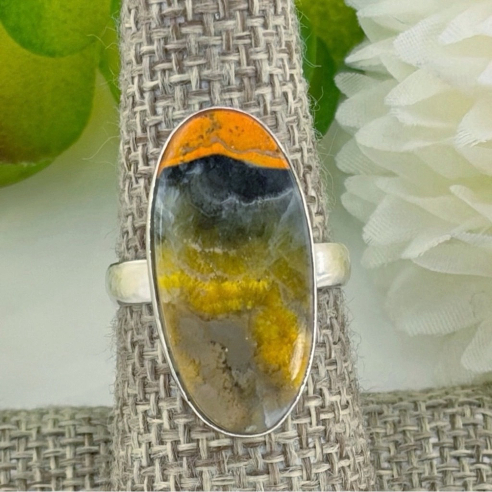 Pure Sterling Silver 925 Bumblebee Jasper Long Ring Size 7 Boho Southwest New